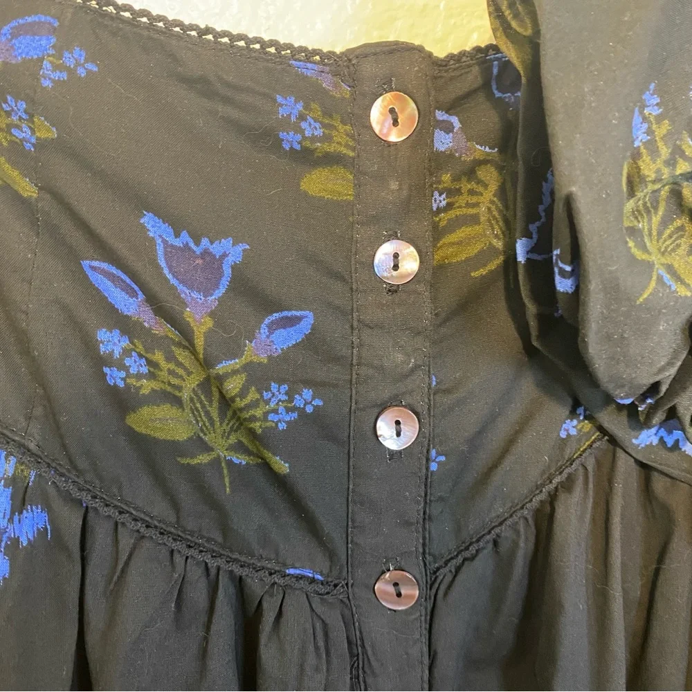 Free People Black Maxi Skirt with Blue & Olive Floral Print